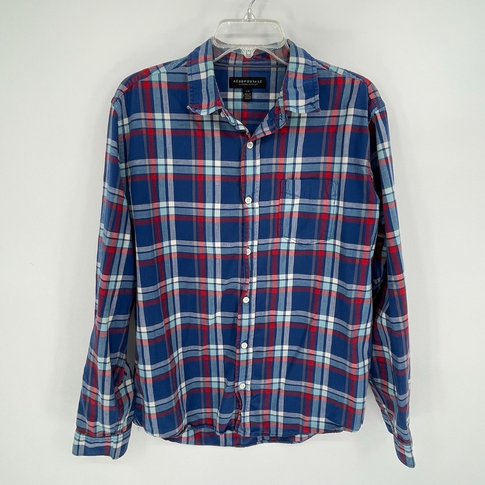 Aeropostale Men's Blue Plaid Button Up Casual Shirt Size‎ L